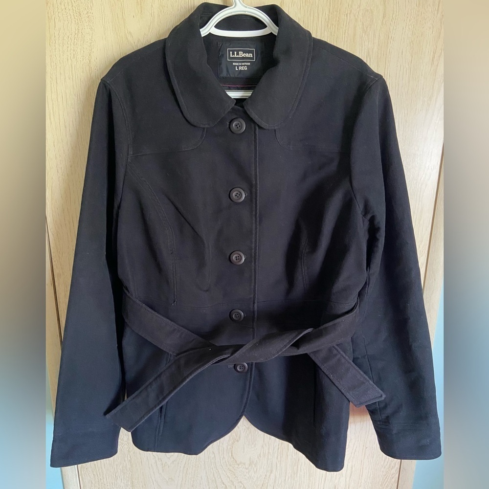 LL Bean Peter Pan Collar Brushed Cotton Button Up Belted Lined Peacoat Jacket L